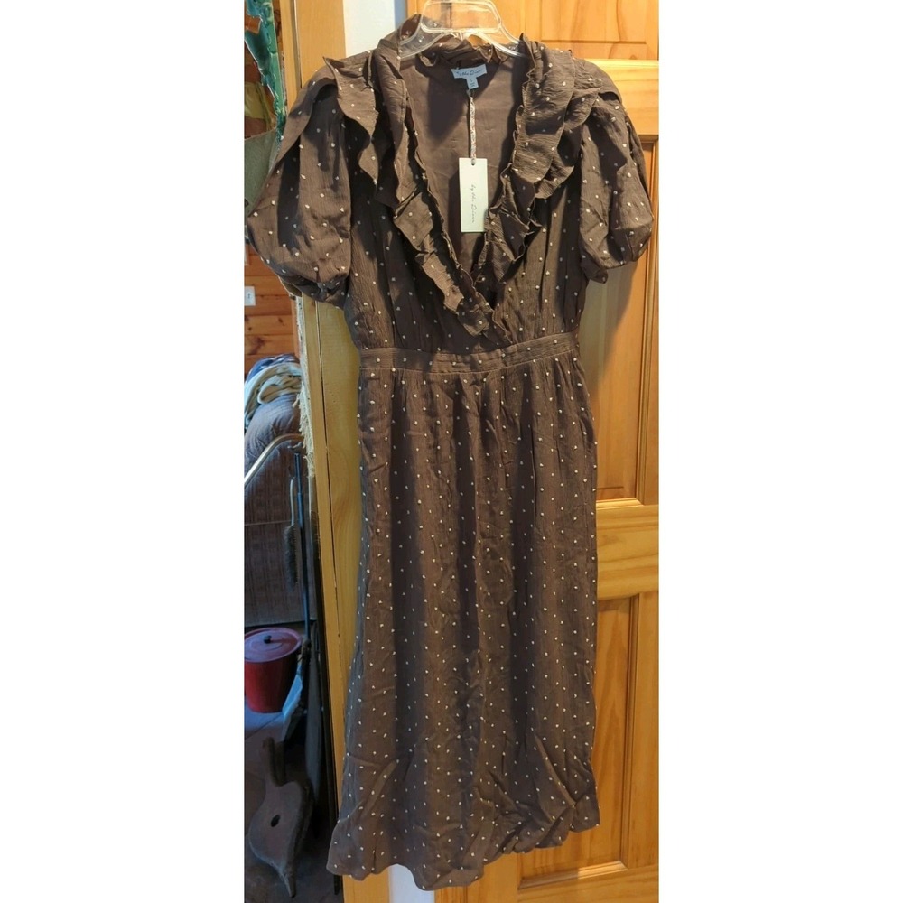 NEW Anthropologie By The River Size Large Small Pom Dot Long Maxi Dress Brown‎
